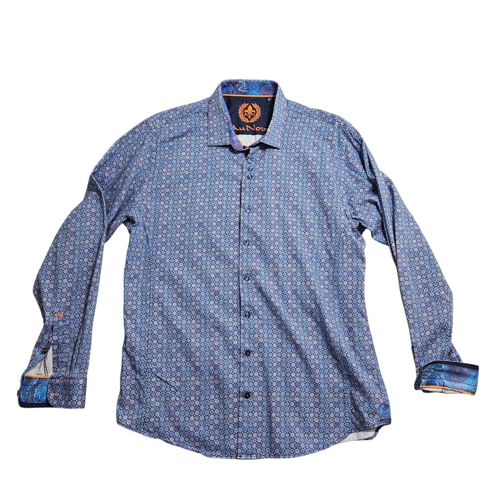 Au Noir Button Down Shirt Size 5 Blue Geometric Medallion Long Sleeve Contrast